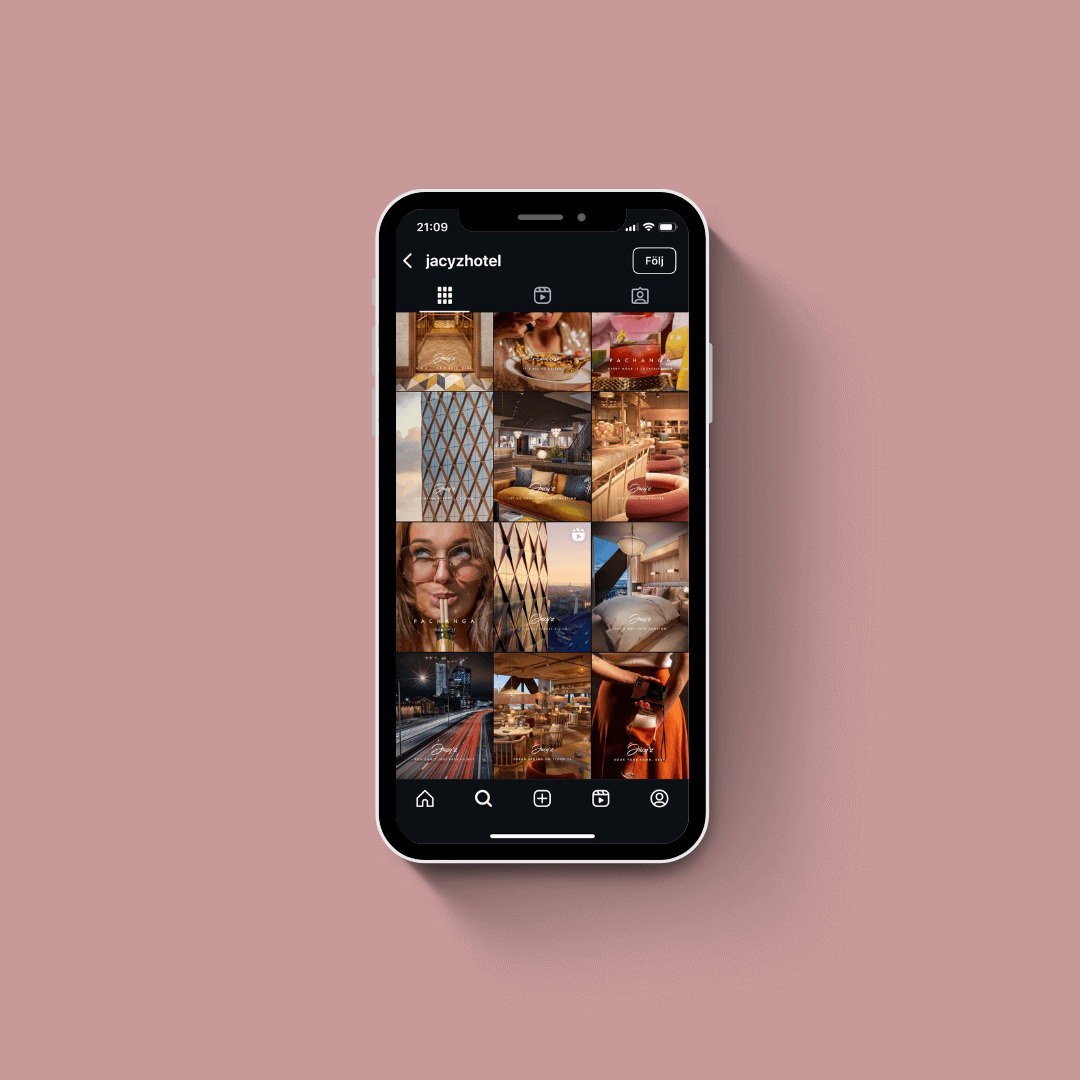 iPhone som visar instagramflöde från Jacy'z Hotel & Resort, som ligger i Göteborg.