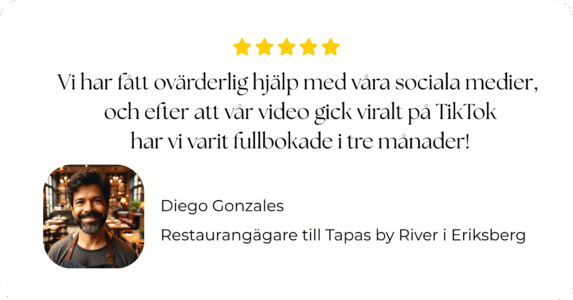 Kundbetyg från Diego Gonzales, restaurangägare av Tapas by River i Eriksberg, Göteborg. Fem av fem stjärnor för samarbetet med Form och Funktion.