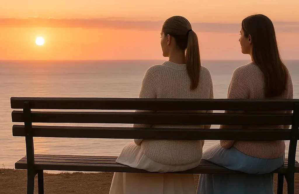 matilda-pettersson-linn-rundqvist-solnedgang-vid-havet Matilda Pettersson och Linn Rundqvist sitter på en bänk vid havet och kollar ut på solnedgången.