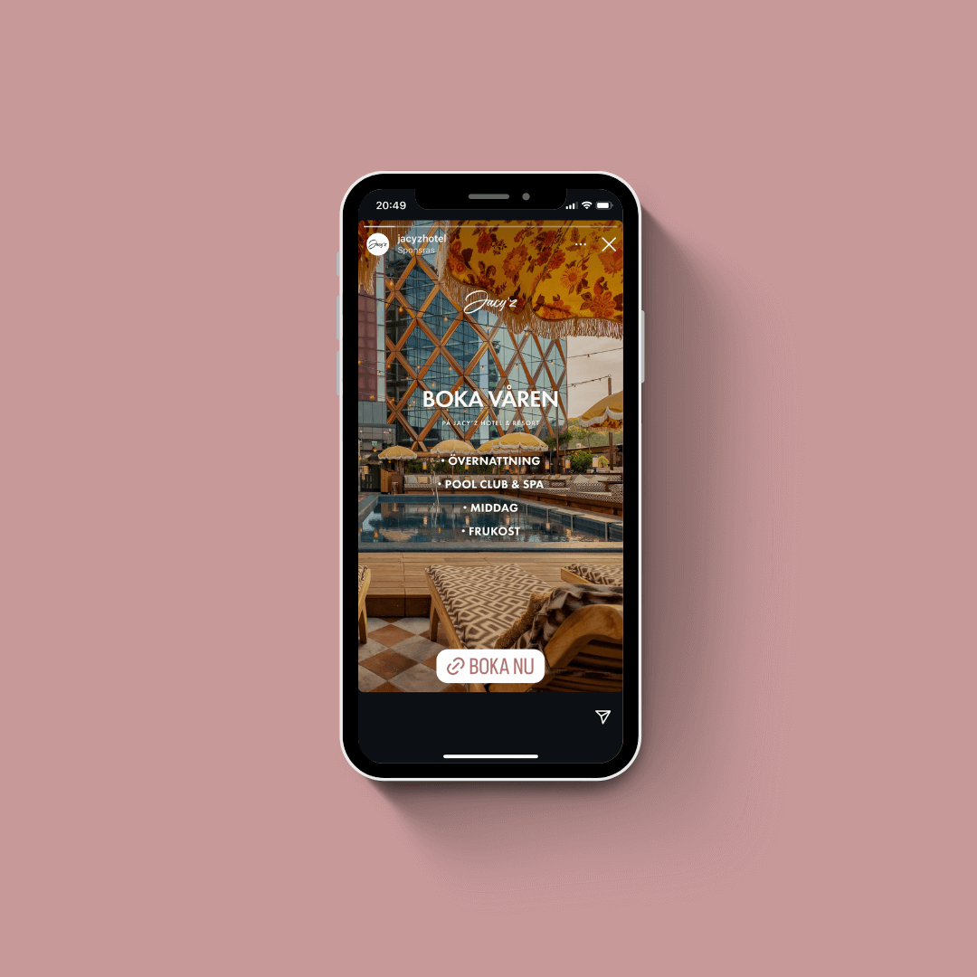 iPhone som visar en annons från Jacy'z Hotel och Resort i Göteborg.